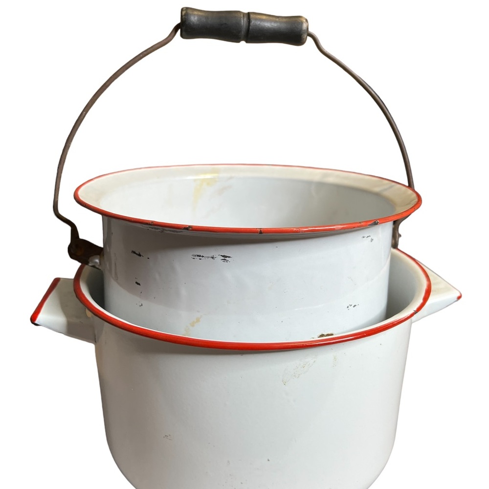 Pair Of Vintage Enamelware White & Red Pots
